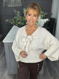 Fluffy bow front jumper -Beige