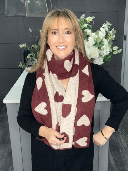 Super soft reversible winter heart scarf-Berry/beige