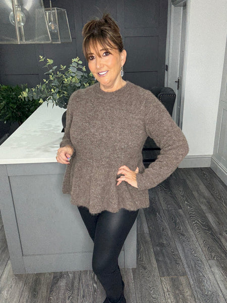 Dara alpaca mix peplum button back top-Mocha