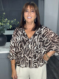 Abstract print double V, bubble hem top-Chocolate