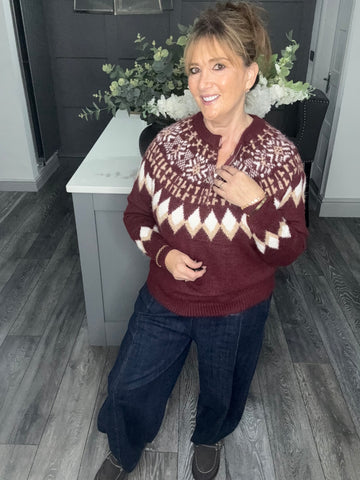 Fair Isle zip neck soft knit jumper-Burgungy
