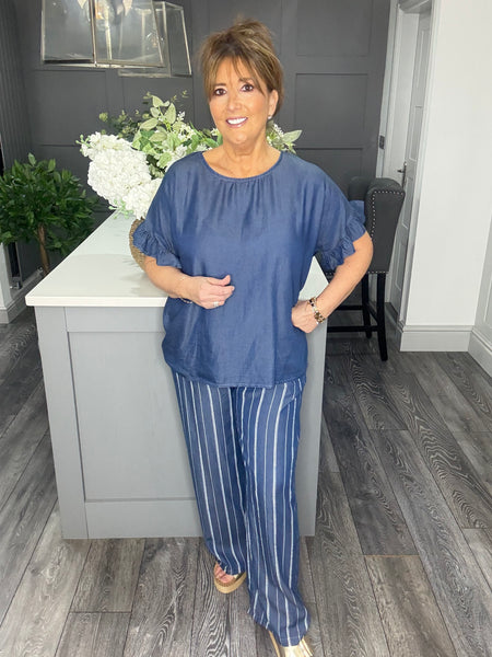Soft chambray denim frill top