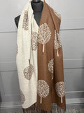 Luxury Cashmere blend tree of life reversible scarf-Chocolate/Beige