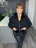 Black faux fur trim super soft eyelash knit hoody