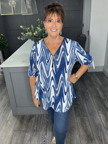 Zip V neck wave top-Blue