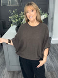 Balloon sleeve slouch knitted top-Chocolate