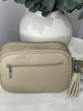 Double compartment crossbody bag with tassel-Beige