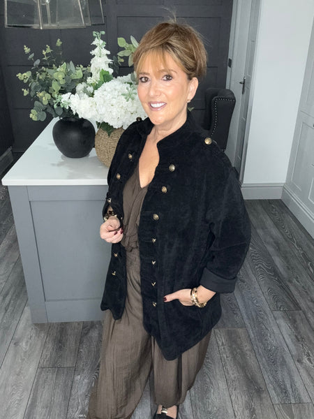Soft velvet chenille cord military jacket-Black