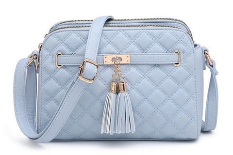 Blue quilted double tassel camera bag