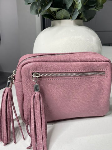 Pink double tassel Italian leather bag