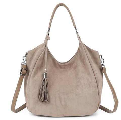 Slouchy hobo tassel bag-Beige