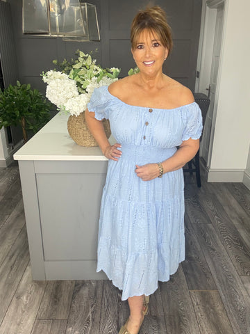 Blue broidery anglaise bardot midi dress