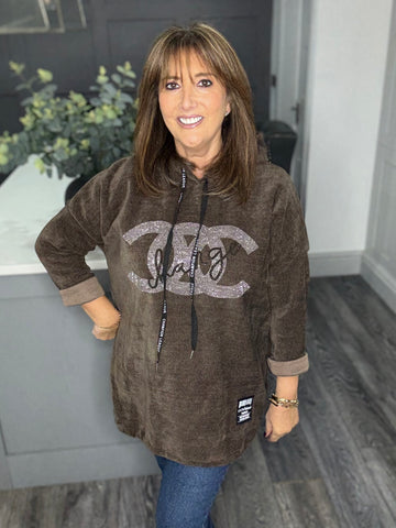 Luna soft velvet cord hoody-Chocolate