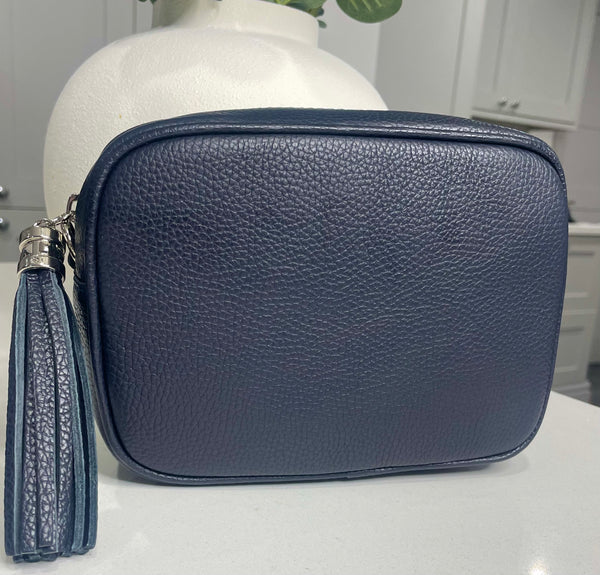 Genuine Italian leather crossbody tassel bag-Navy