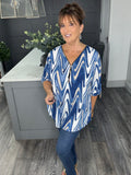 Zip V neck wave top-Blue