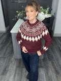 Fair Isle zip neck soft knit jumper-Burgungy