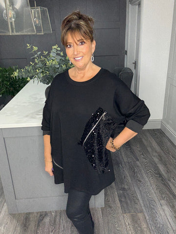 Toni soft scuba sequin pocket top-Black