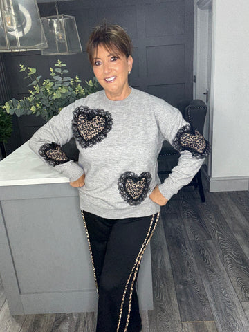 Leopard heart sweater-Grey