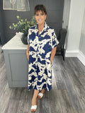 Abstract print pocket shirt dress-Navy