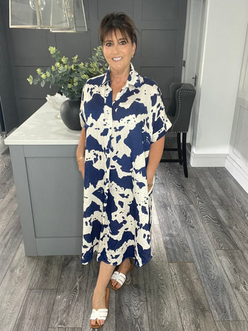 Abstract print pocket shirt dress-Navy