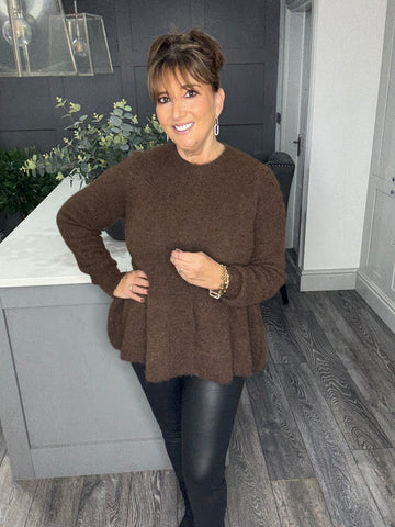 Dara alpaca mix peplum button back top-Chocolate