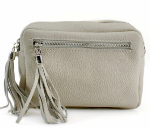 Beige double tassel genuine Italian leather camera bag