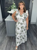 Fern print cross over V  neck maxi-Khaki