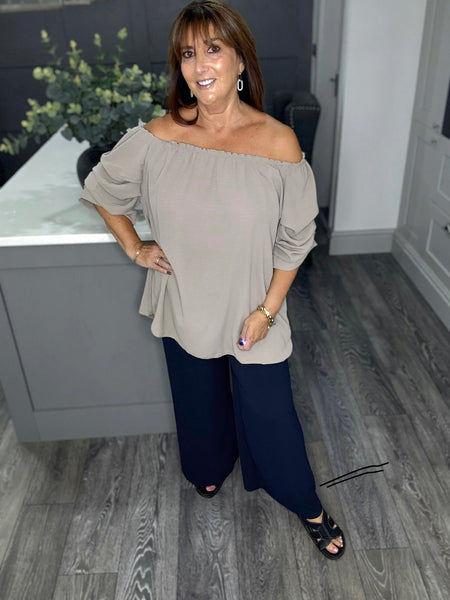 Rachel ruched sleeve Bardot top-Mocha