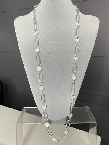 Long mother of pearl heart necklace in silver tone finish