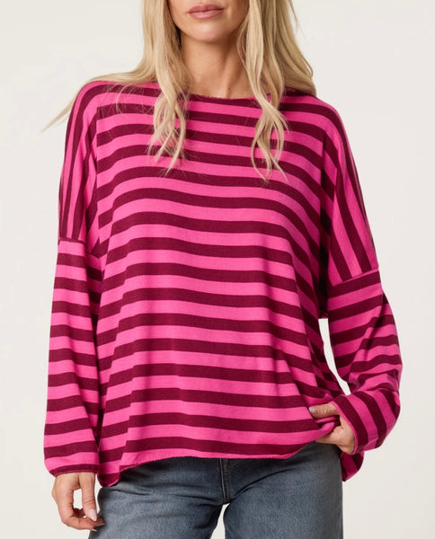Stripe soft knit top-Wine/hot pink