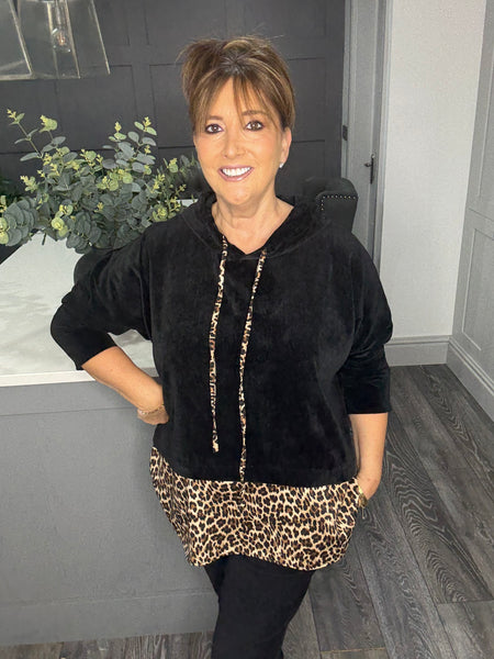 Lora leopard velour hoody-Black
