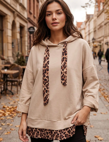 Beige leopard trim hoody