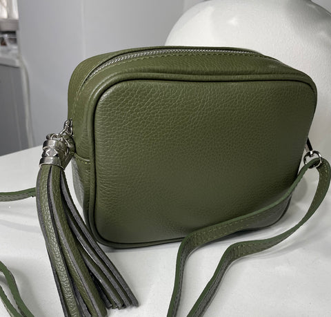 Genuine Italian leather crossbody tassel bag-Khaki