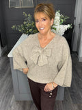 Fluffy bow front jumper-fawn