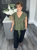 Cascade ruffle trim blouse-Khaki