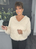 V neck sparkle fringe sweater-Cream