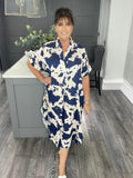 Abstract print pocket shirt dress-Navy