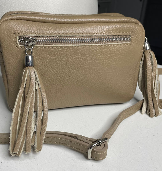 Mocha double tassel genuine Italian leather camera bag