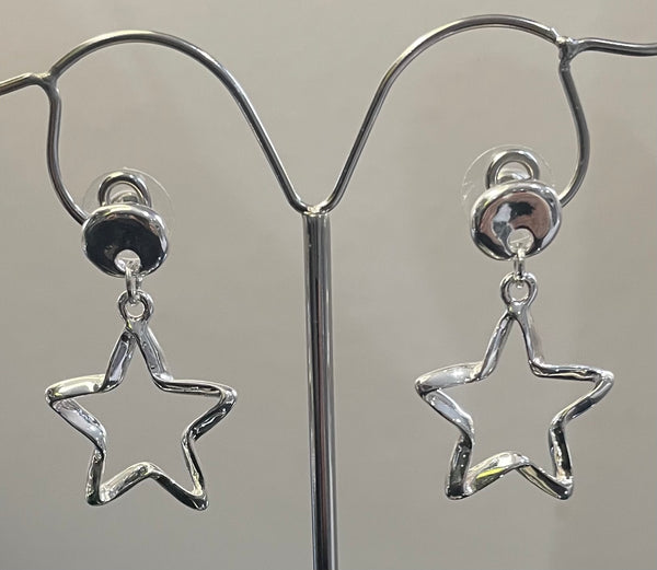 Silver finish open star bar drop earrings