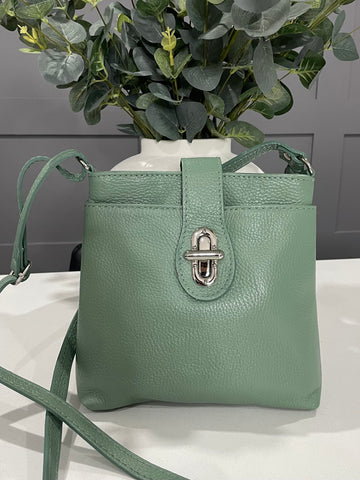 Sage green Italian soft leather crossbody bag with twist lock