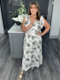 Fern print cross over V  neck maxi-Khaki