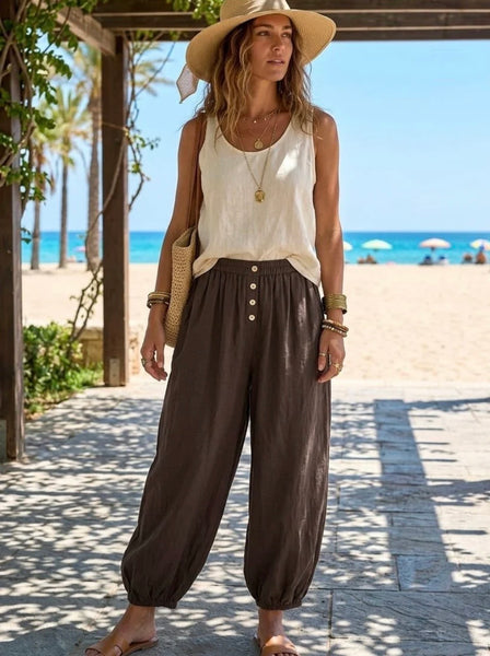 Button crinkle balloon trouser-Chocolate