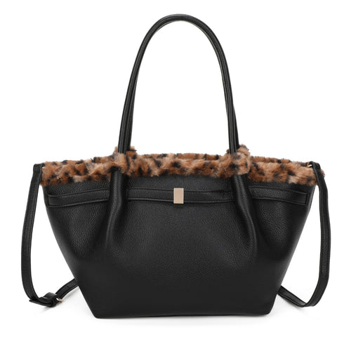 Shoulder bag with leopard trim-Black