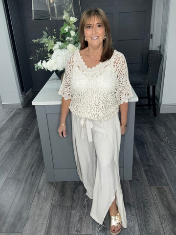 Double V crochet top with vest-Beige
