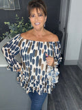 Abstract print frilled layered Bardot top -Blue multi