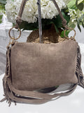 Soft faux suede ring tassle bag-Taupe