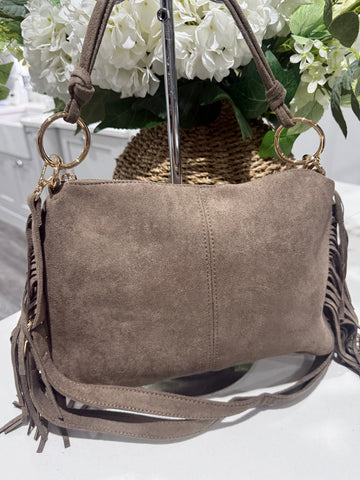 Soft faux suede ring tassle bag-Taupe