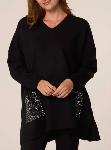 Italian embellished Diamante pocket sweater-Black