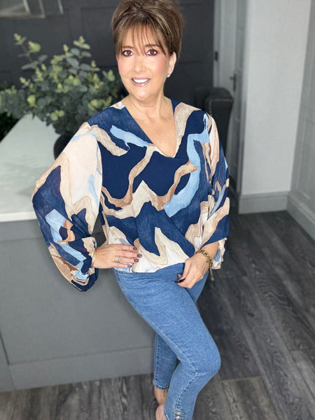 V neck bubble hem blouse-Blue