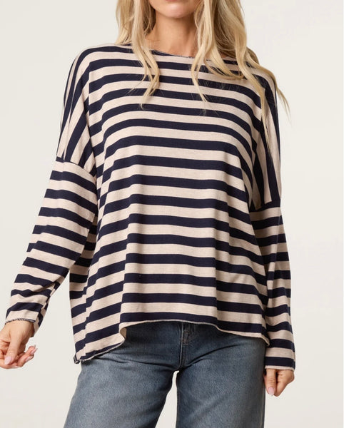 Stripe soft knit top-Stone/navy